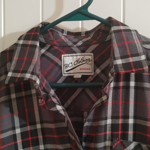 BC Woman dress shirt long tunic Small black gray red plaid pattern long … - Picture 9 of 9